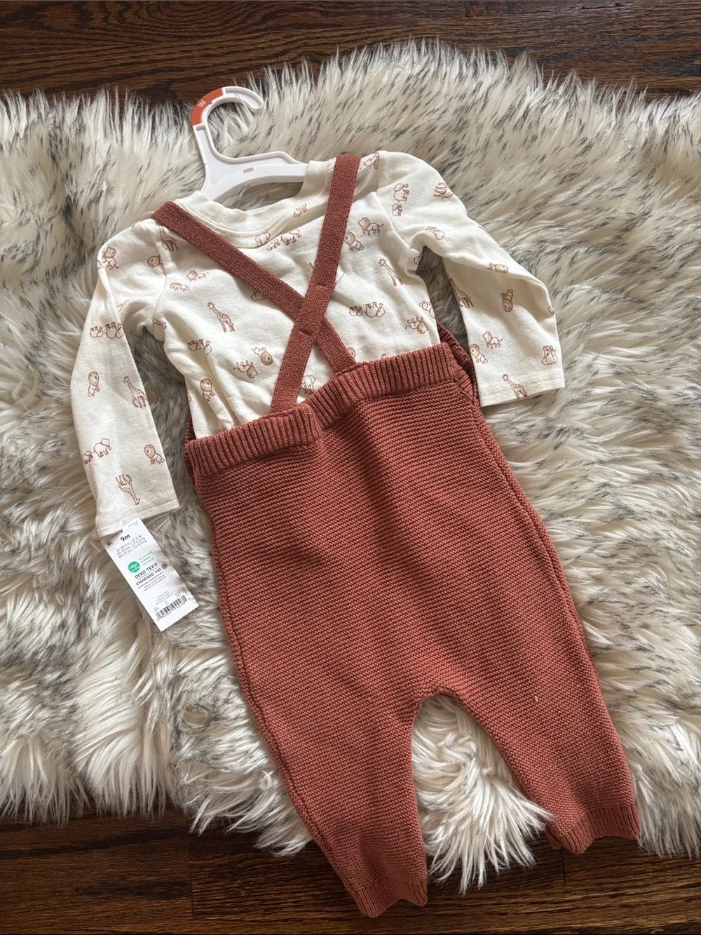 9M NWT Carter's Baby Boy Rust Knit Overalls with Cream Printed Bodysuit